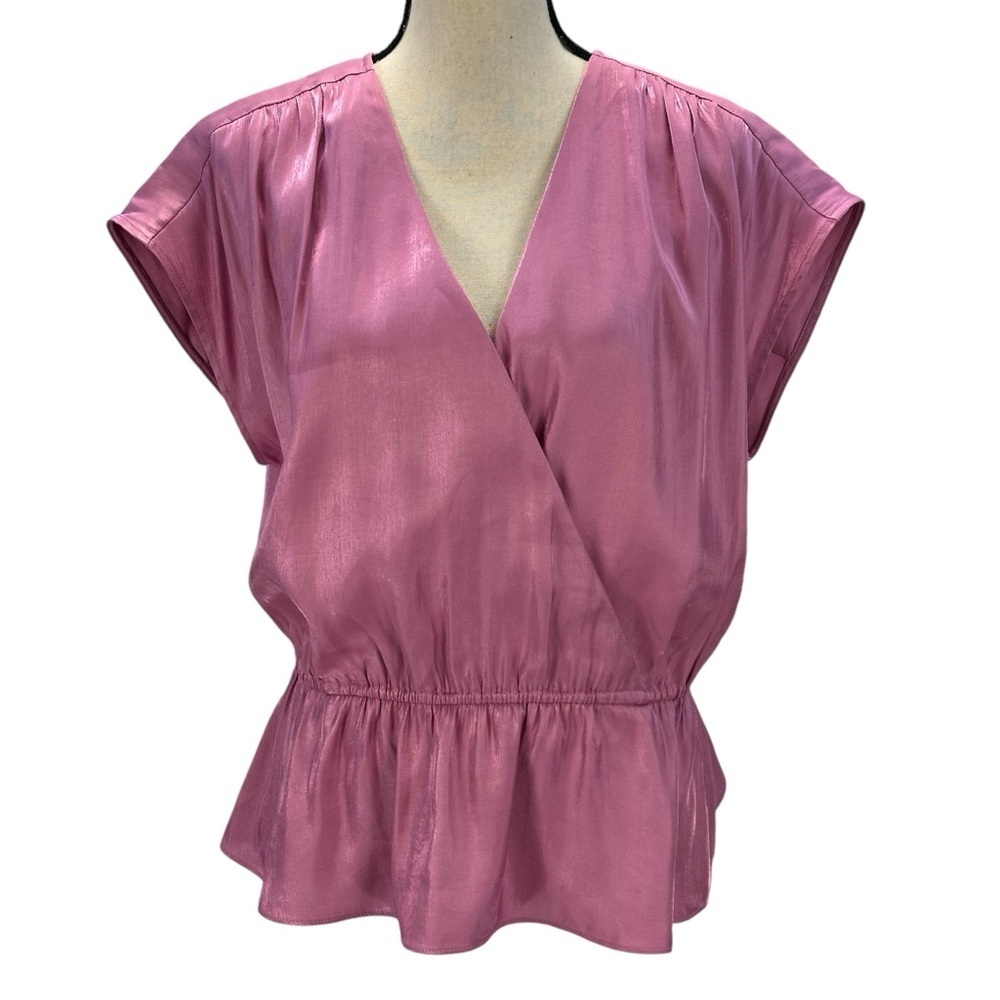 INC Sleeveless Wrap V-Neck Elastic Ruffle Waist Blouse - Pink - size Large